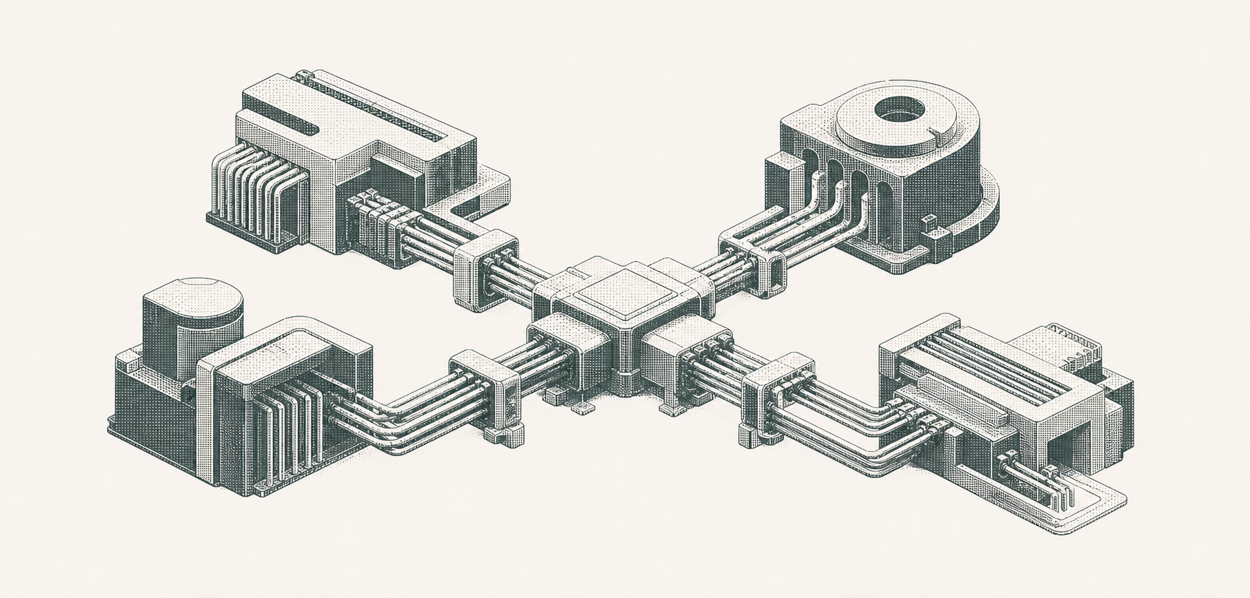Four distinct engineered infrastructure clusters connected through one central operational backbone.