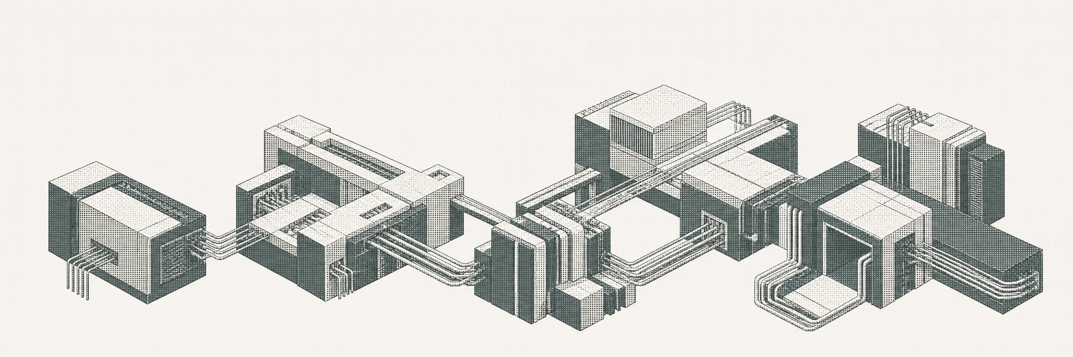 A panoramic halftone field of connected architectural infrastructure modules and precise conduits.