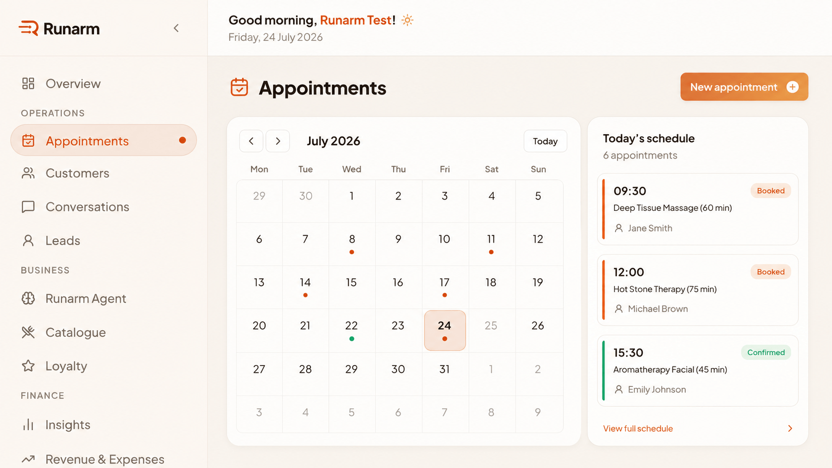 Runarm booking dashboard with a July calendar and today's appointment schedule.
