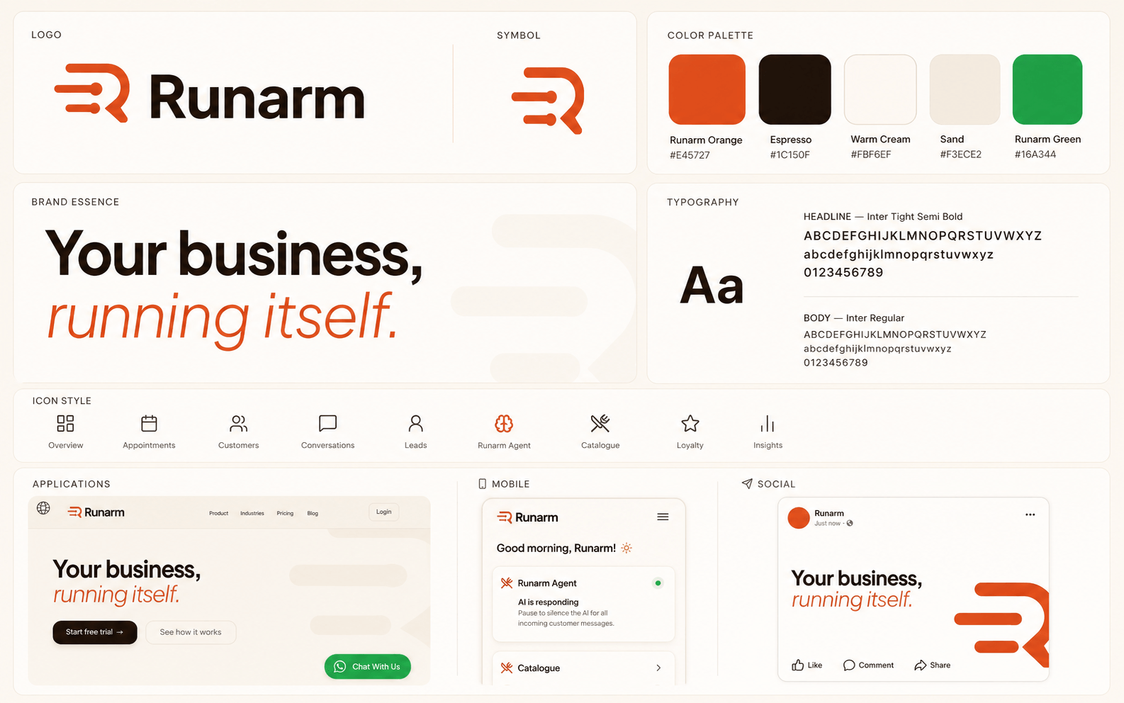 Runarm visual identity board with its wordmark, symbol, palette, typography and applications.
