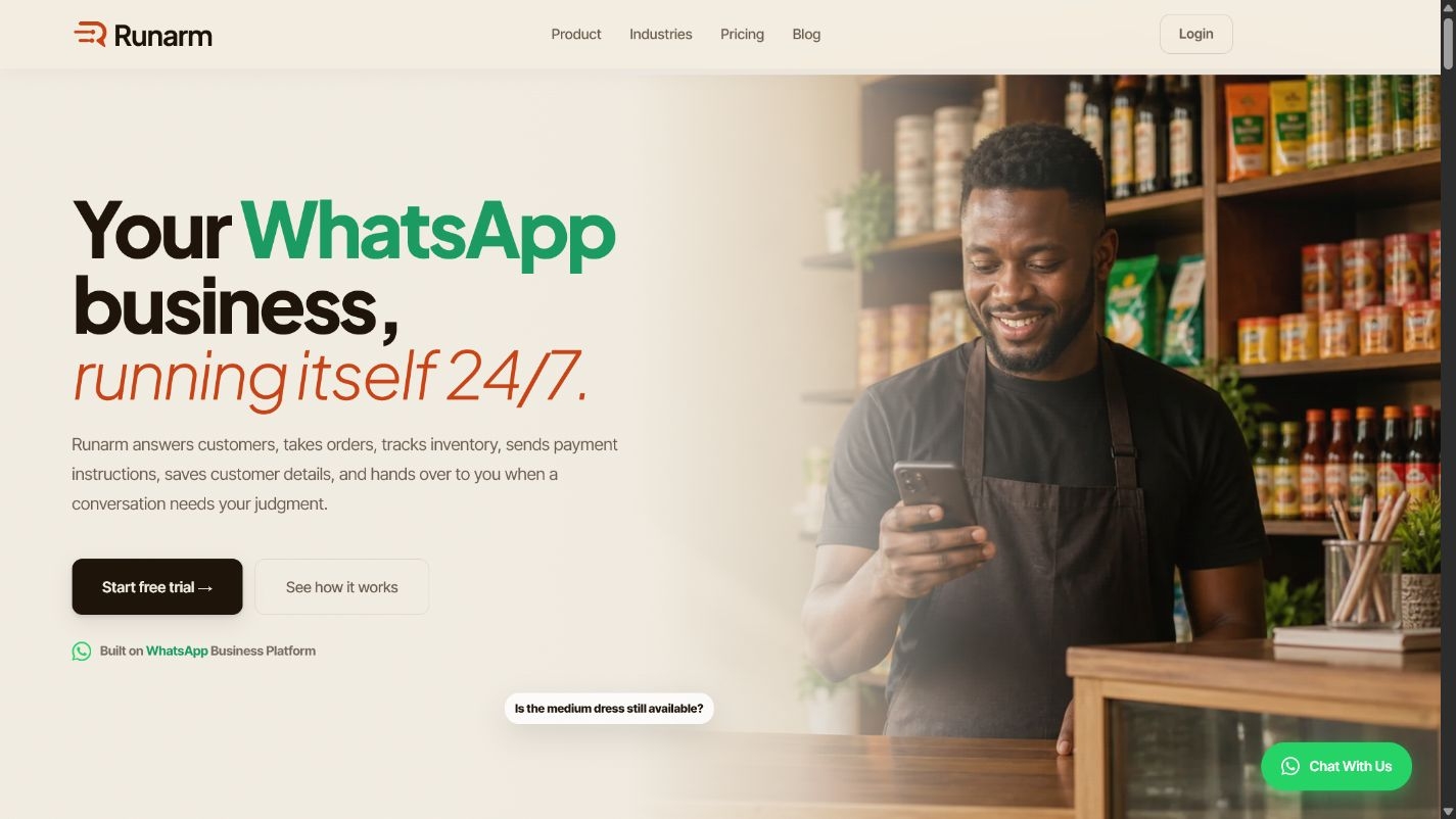 Runarm marketing website showing its WhatsApp business platform