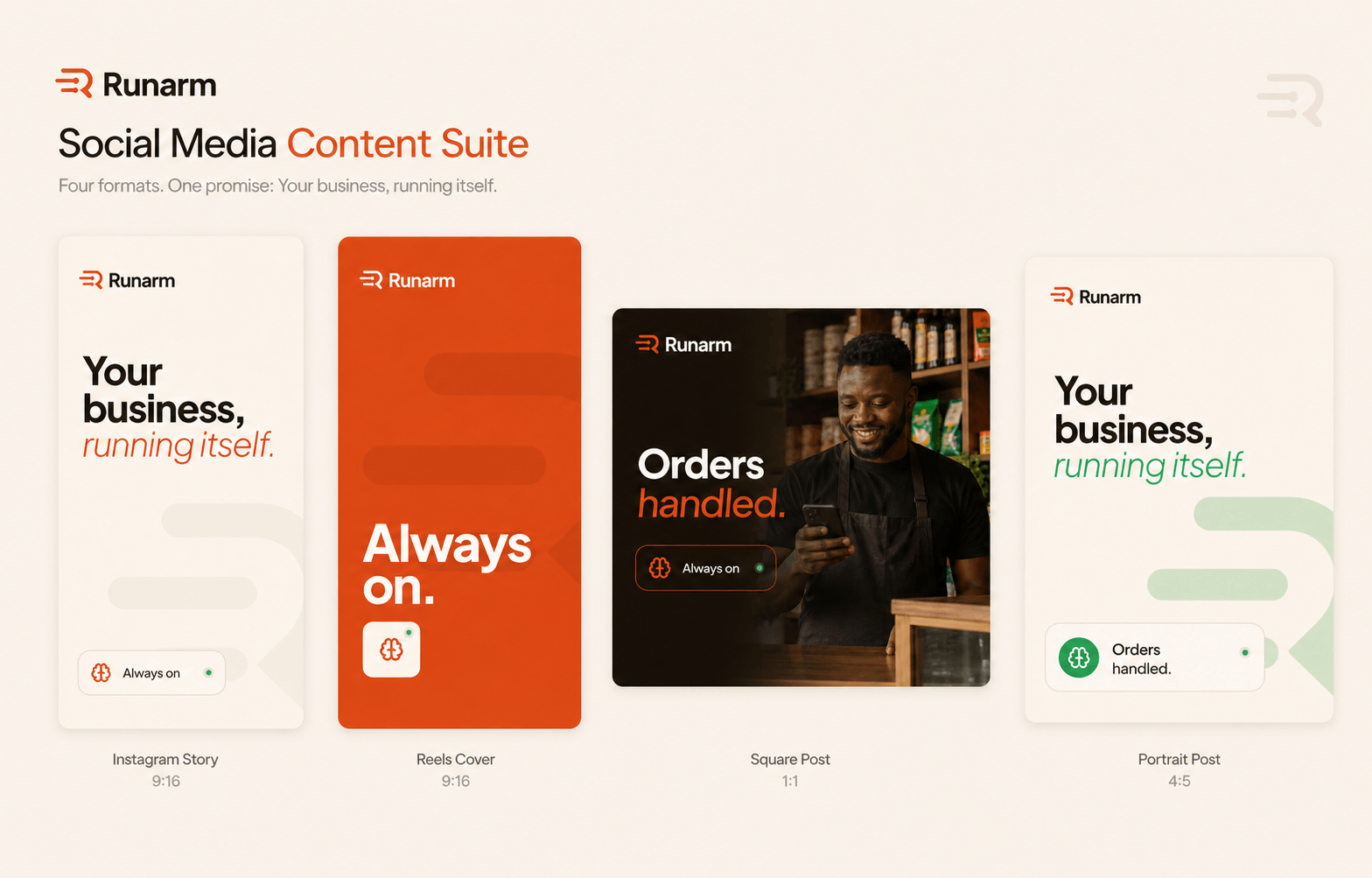 Runarm Instagram Story, Reels cover, square post and portrait feed post in four brand treatments.