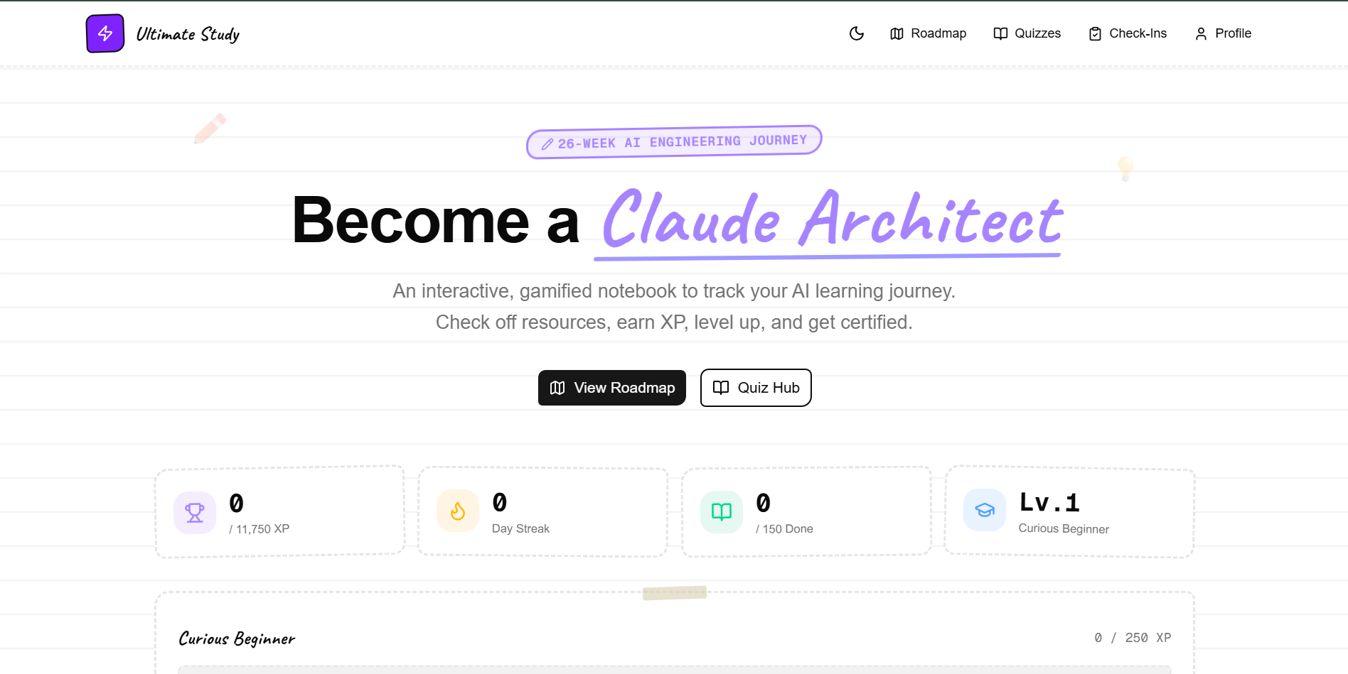 Ultimate Study dashboard showing its AI engineering roadmap, quizzes and learner progress